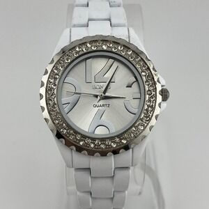 Bongo Watch Women 36mm Case Crystal Bezel‎ 7.25" White Band- New Battery
